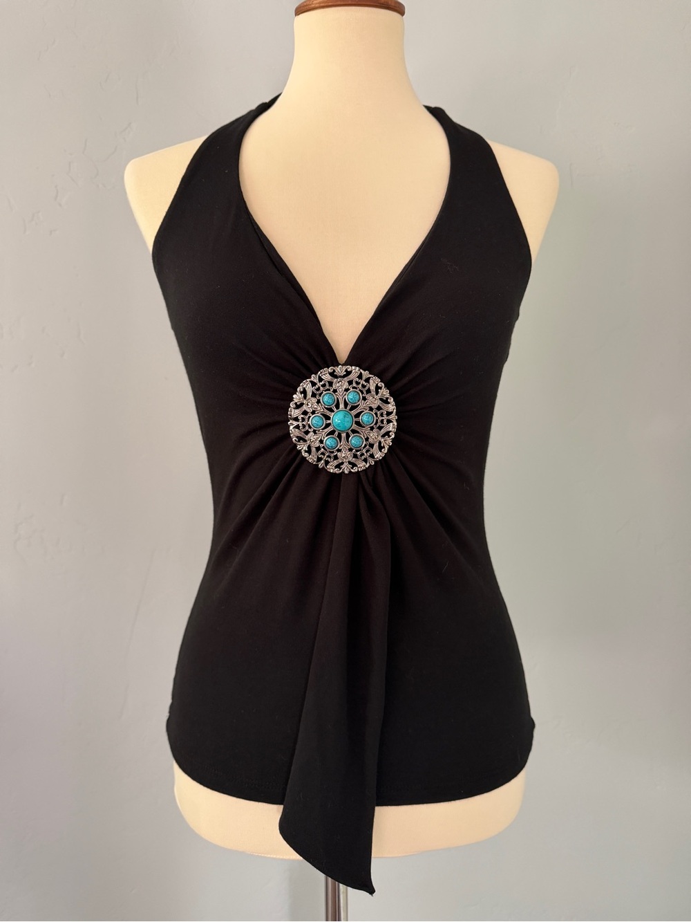 Caché Black Halter Top Deep V Turquoise Silver Medallion Brooch Open Back